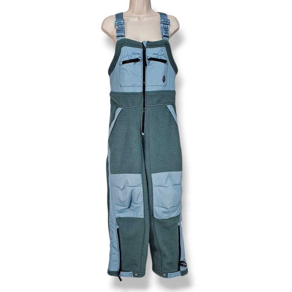 Free People Hit The Slopes Overalls Fleece Nylon Zipper Jade Blue XS NEW